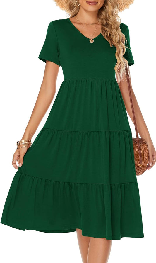 Women'S Casual Summer Tiered Midi Dress 2026 V Neck Boho Sundress | Short Sleeve Dresses for Women, Loose Ruffle Babydoll Style, Cotton Blend Fabric, for Church, Going Out, Beach Vacation